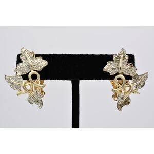 Sarah Cov Vintage Leaf Earrings Silver Gold Textured Autumn Fall Signed 80s 9E